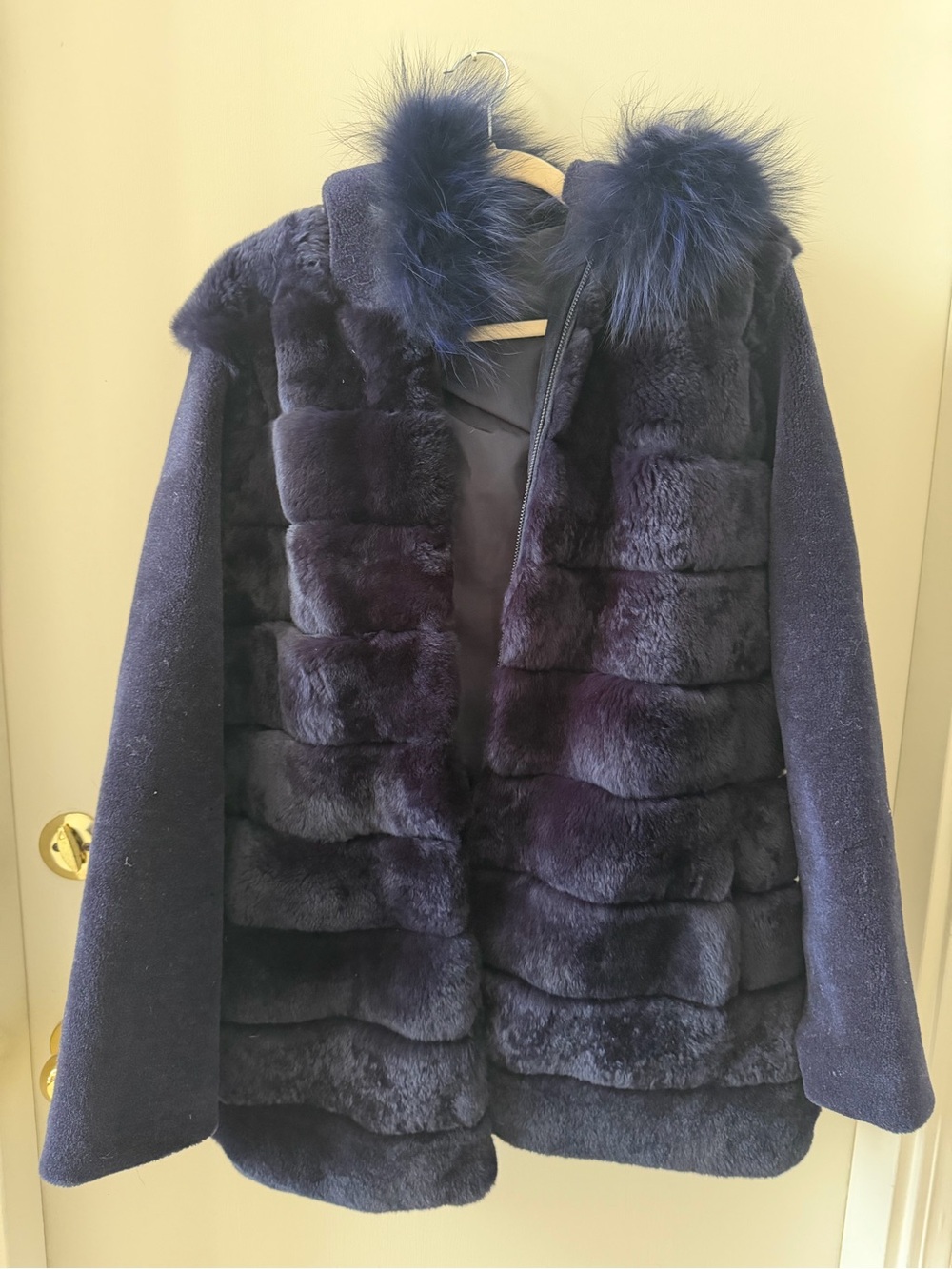 Women's Genuine Fur Coat with Hood in Navy